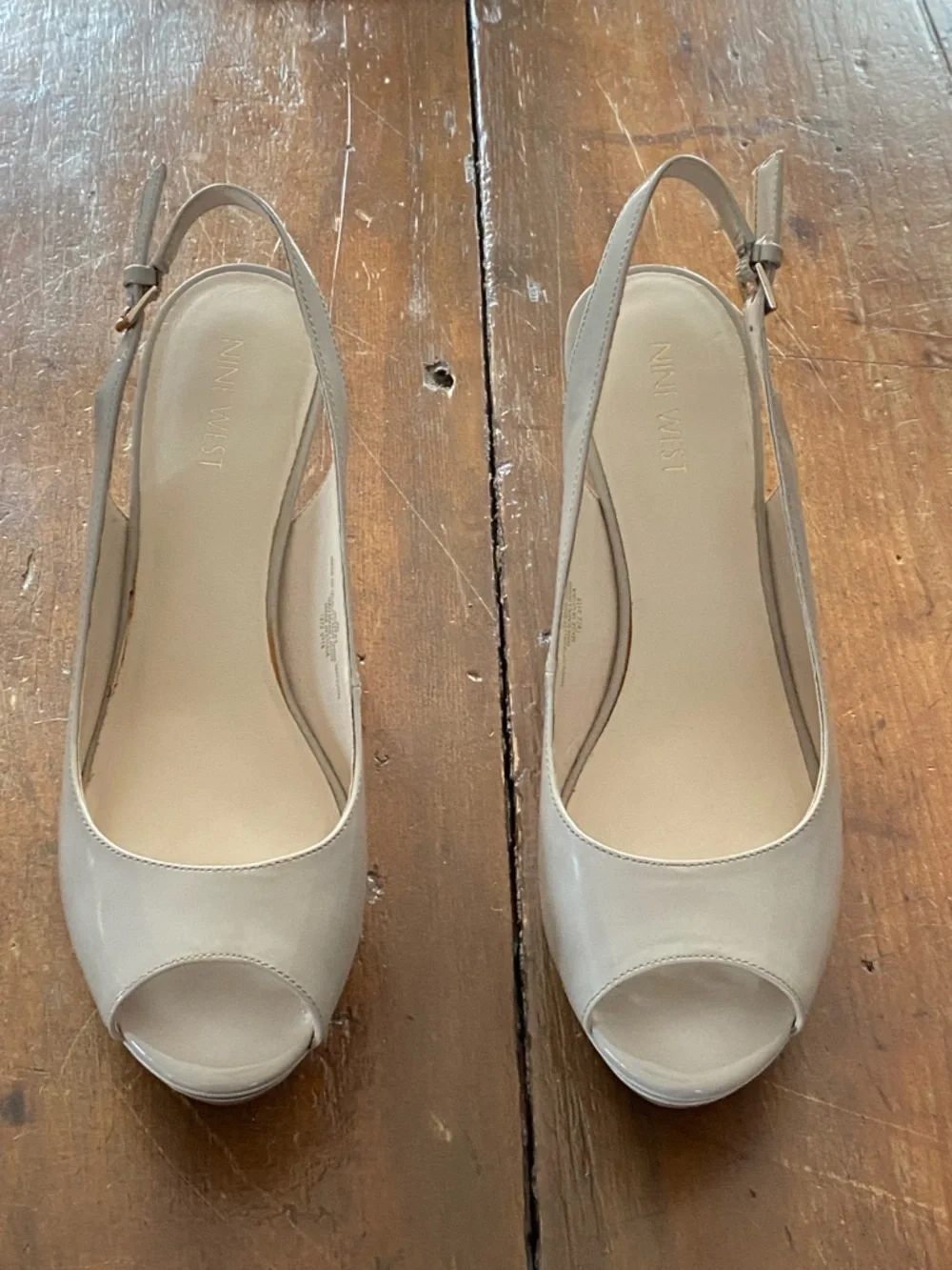 Nine West Taupe Patent Peep-Toe Slingback Heels - Picture 2 of 15